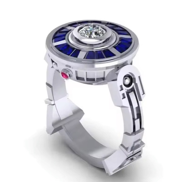 Star Wars Jewelry - ⭐️NEW⭐️ 925 Sterling Silver Plated R2-D2 Shaped Ring With Center Diamond Stone